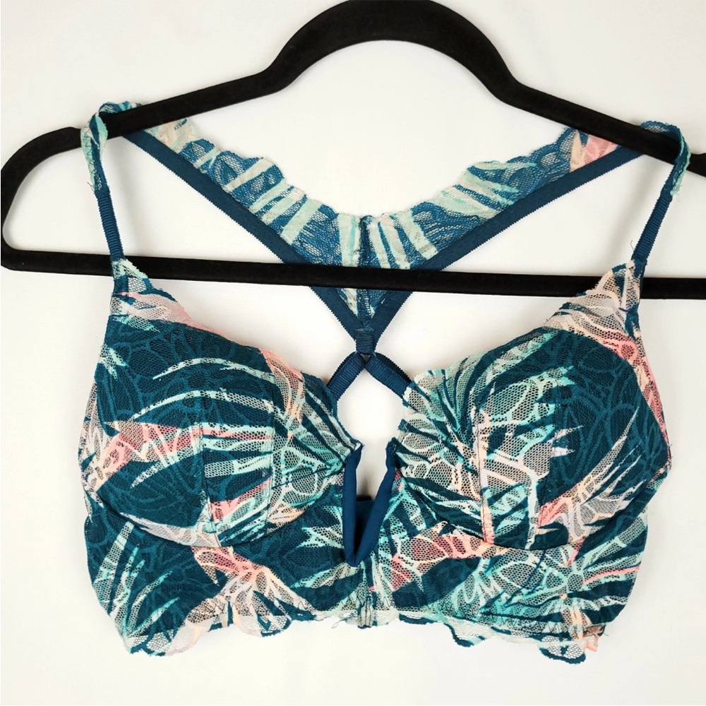 Victorias Secret PINK Date Push-Up Bra Small Lace Racerback Tropical Teal 32DD
